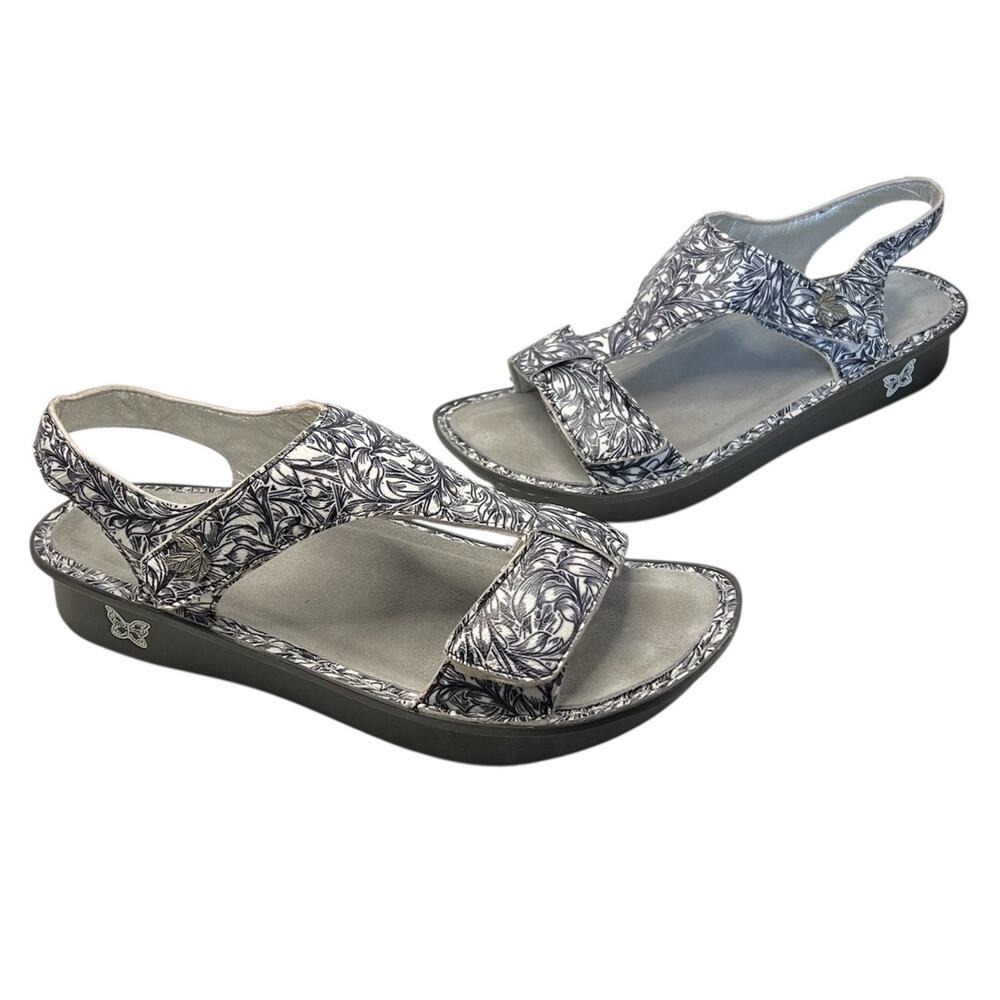 Alegria Silver Black Floral Slingback Sandals